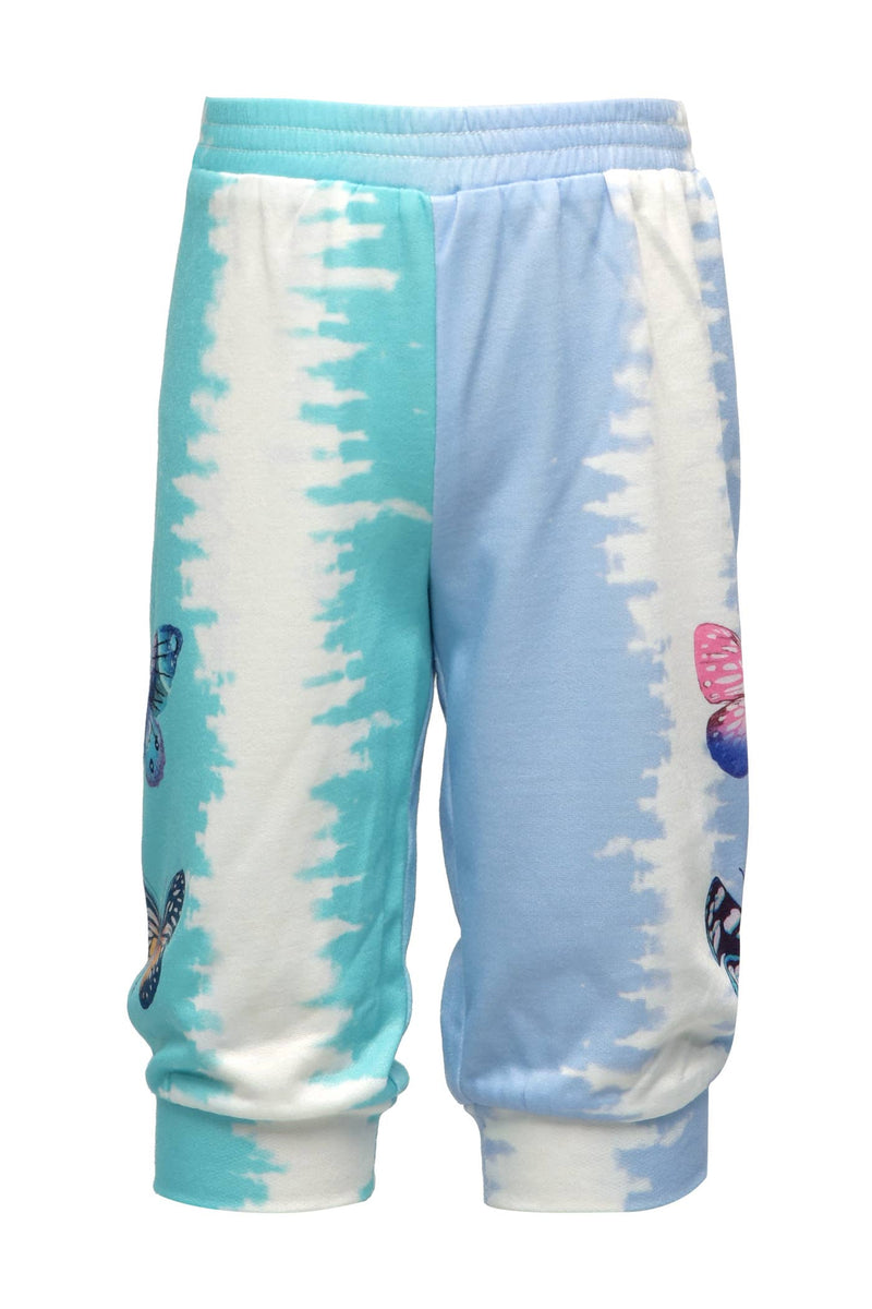 Little Girl’s Color Block Butterfly Capri Joggers.  Elastic Waistline  Color lock Tie Dye   Butterfly Graphic Print On Lower Ankle Super Spring & Summer Ready A Sporty Chic Athleisure Look  The Perfect Comfort & Style Oriented Jogger. Imported