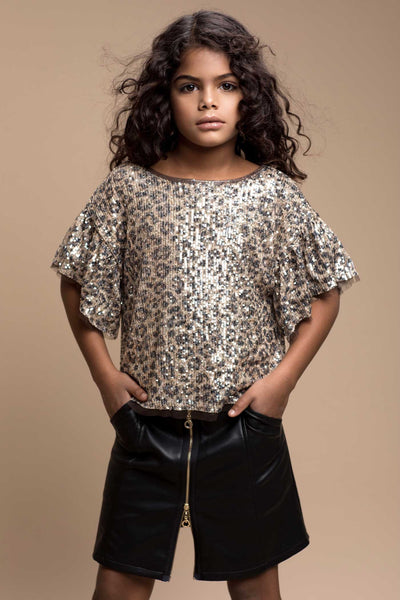 Hannah Banana Little Girl's Leopard Print Ruffle Sequin Top