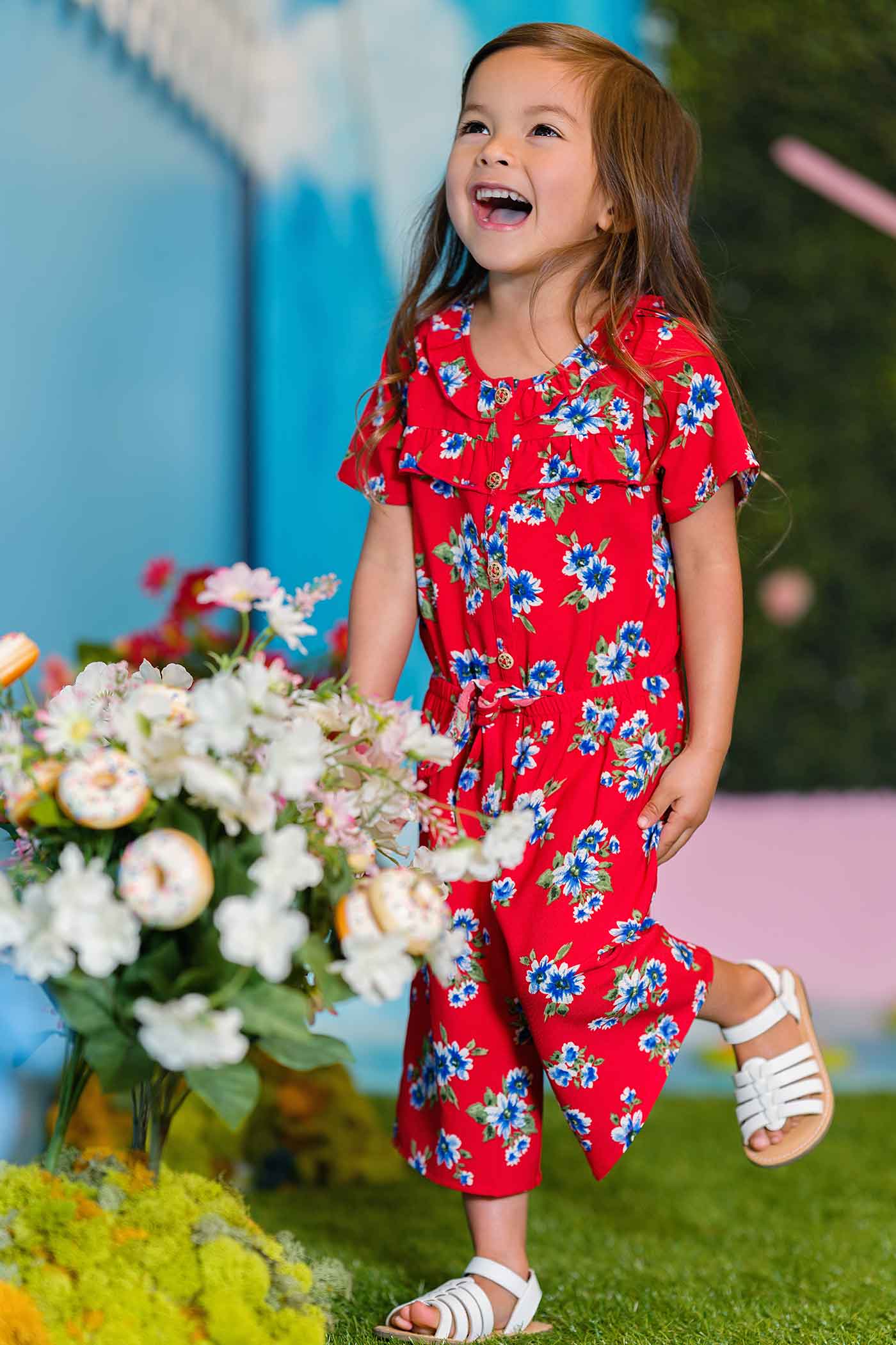 Truly Me Little Girls USA Merica America Patriotic 4th of July Themed  Floral Button Front Short Sleeve Jumpsuit Fun Fashion Kids brands