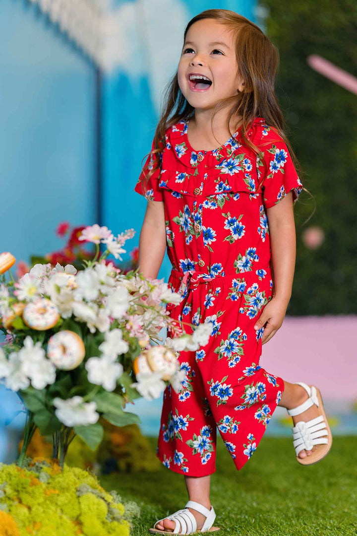 Truly Me Little Girls USA Merica America Patriotic 4th of July Themed  Floral Button Front Short Sleeve Jumpsuit Fun Fashion Kids brands